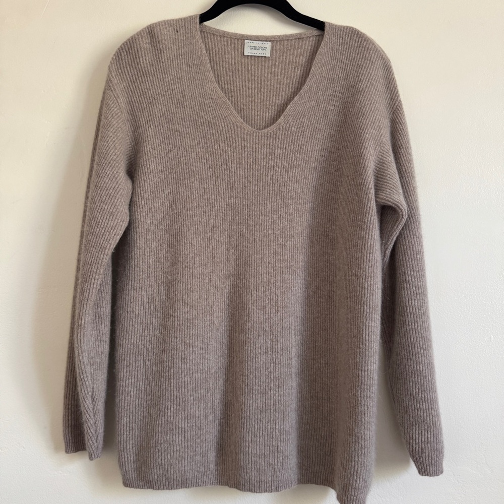 Vintage United Colors of Benetton Taupe V-Neck Sweater, Wool + Angora, Small